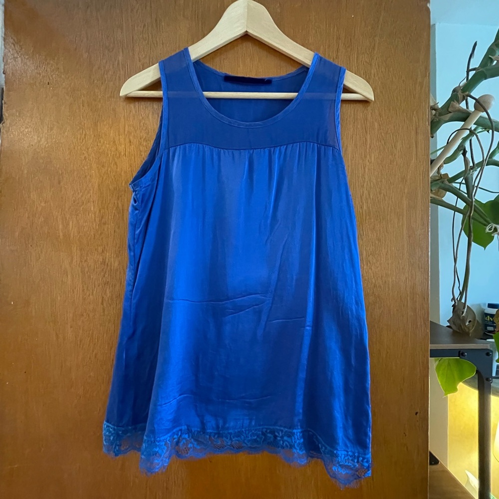 Bright Blue Silk Sleeveless Top with Lace Hem